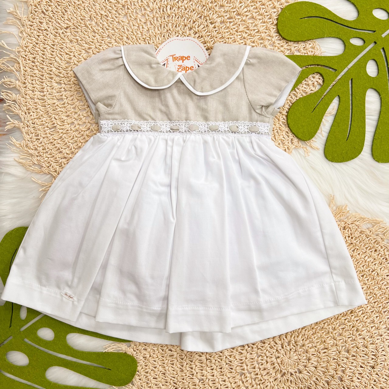 Vestido Manga Curta Bicolor - Areia e Off White